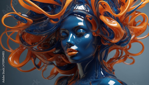 Woman with head of flowers from glass in blue and orange colors. AI generated