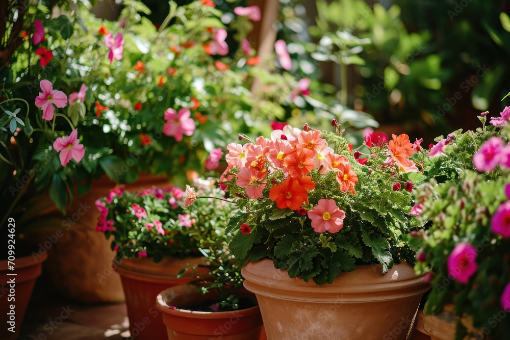 Flowers in the pots in the garden, springtime gardening 