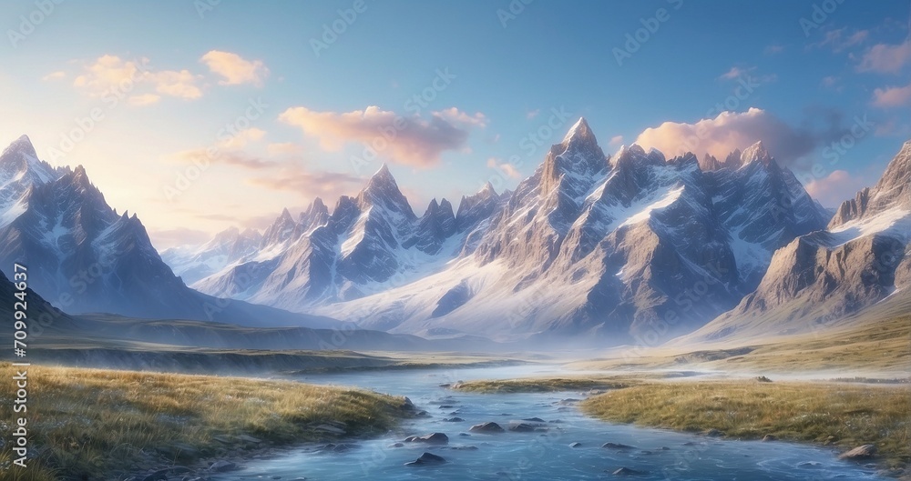 An awe-inspiring alpine panorama at dawn. Picture a vast mountain range with rugged peaks veiled in a gentle morning mist.  AI Generate