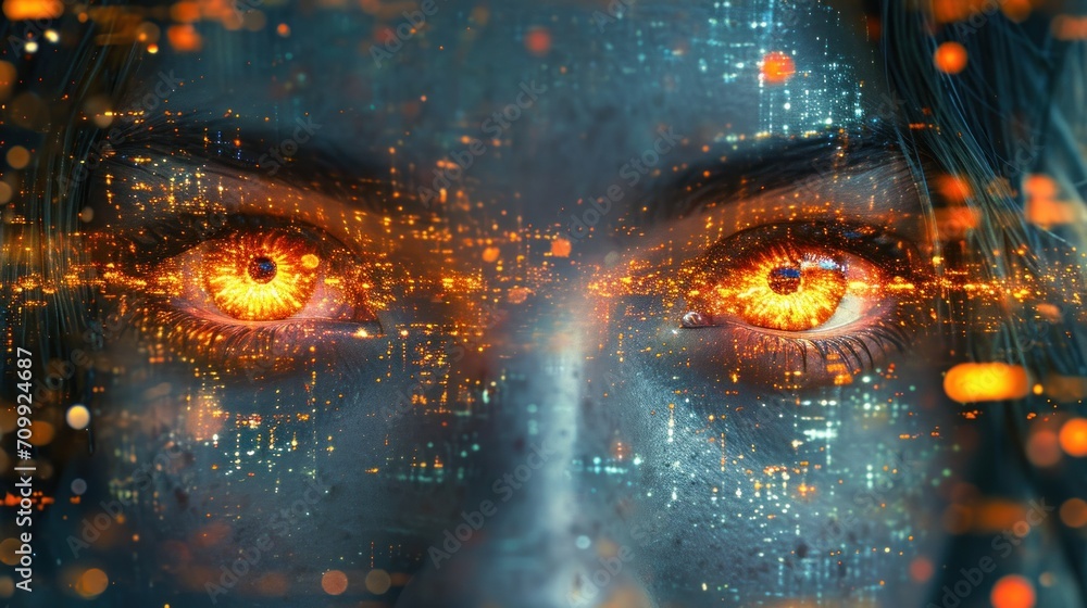 Fototapeta premium Close up of beautiful woman face with digital binary code on it.