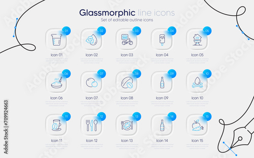 Set of Recycle water, Beer bottle and Ice cream line icons for web app. Coffee cup, Cooking beaker, Peas icons. Soy nut, Seafood, Home grill signs. Porridge, Water splash, Food delivery. Vector