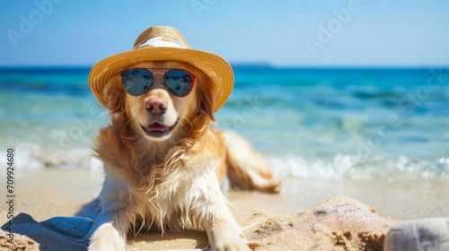golden retriever with sunglasses ans straw hat on beach, vocation concept 