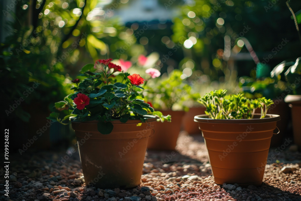Flowers in the pots in the garden, springtime gardening Flowers in the pots in the garden, springtime gardening