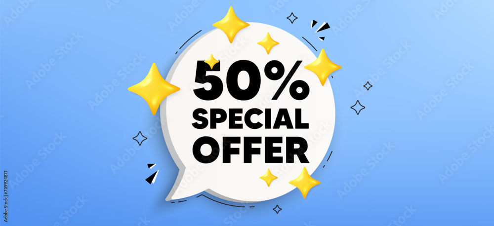 50 percent discount offer tag. Chat speech bubble banner. Sale price promo sign. Special offer symbol. Discount speech bubble message. Talk box infographics. Vector