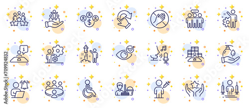 Outline set of Business meeting, User notification and Fireworks line icons for web app. Include Wash hands, Inventory, People vaccination pictogram icons. Interview, Job. Vector