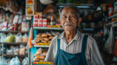 Senior Asian man standing in his local mini-market