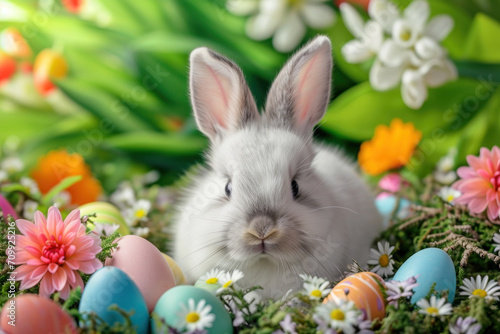 Easter bunny hiding  with eggs in the garden 