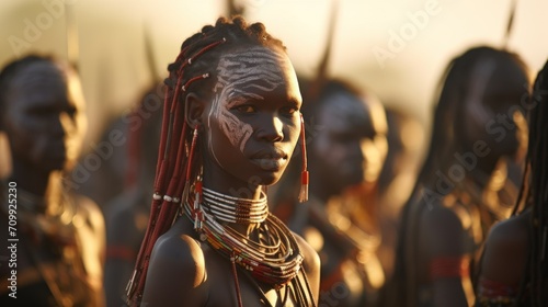 Close up of dancing Hamer women on a bull jumping ceremony in Lower Omo Valley, Ethiopia.