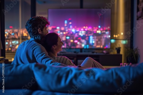 Young married couple sitting together and watching movie