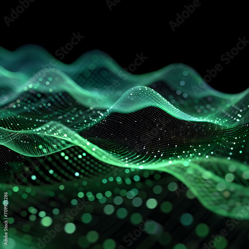 Visualization of wave particle, green and black technology background banner. Tech energy and information in motion. © Andrei