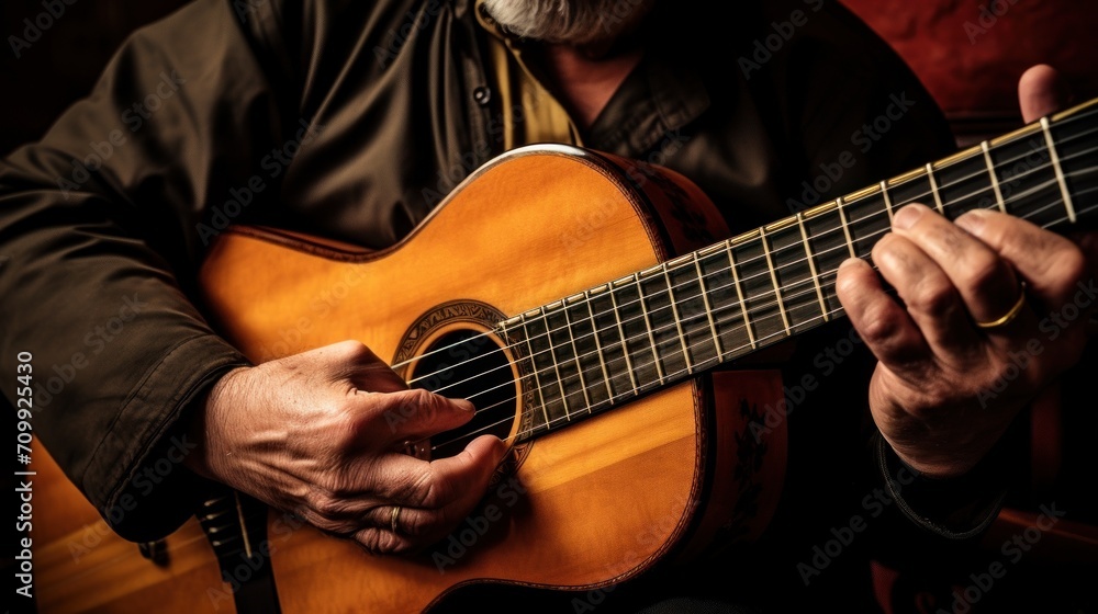 Fototapeta premium Close up of the guitar of a man playing traditional Portuguese music called fado.