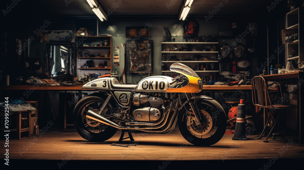 Fototapeta premium Motorcycle Standing in an Authentic Creative Workshop. Vintage Style Motorcycle Under Warm Lamp Light in a Garage. 