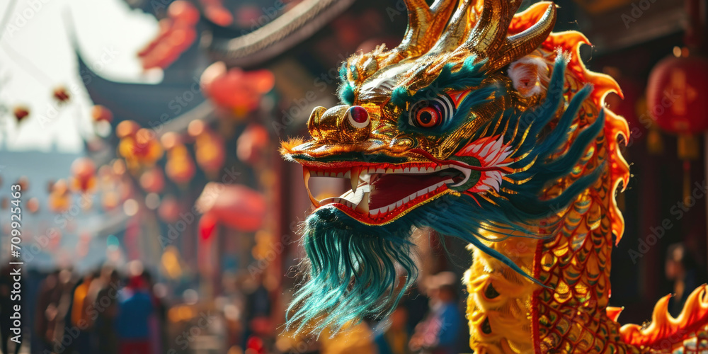 Fototapeta premium traditional dragon against the backdrop of a temple with a festive atmosphere, Chinese New Year celebrating, banner