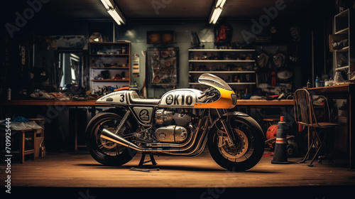 Motorcycle Standing in an Authentic Creative Workshop. Vintage Style Motorcycle Under Warm Lamp Light in a Garage. 
