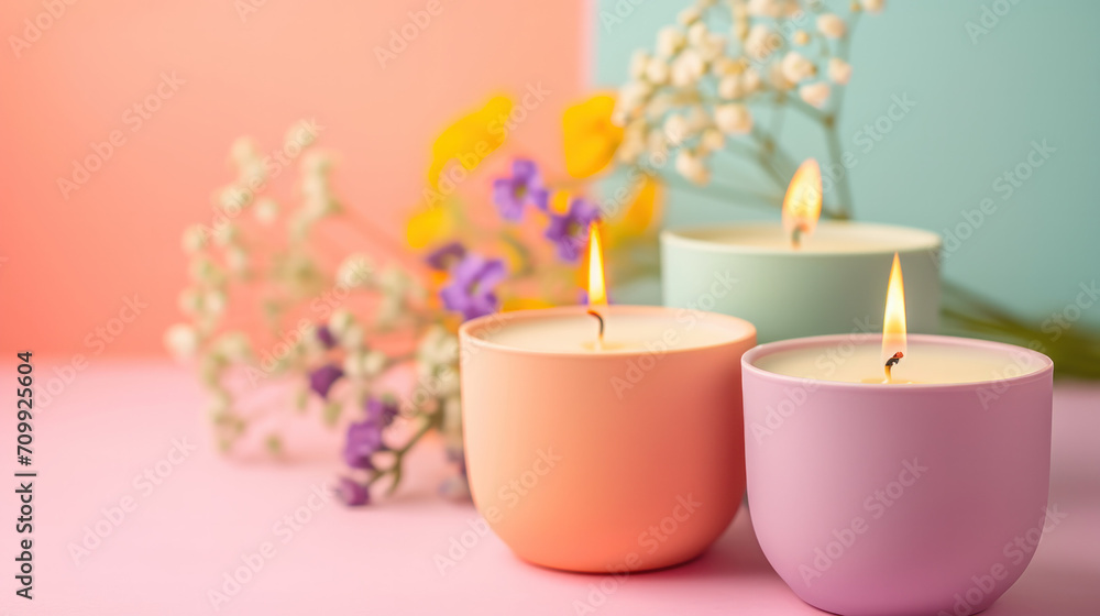 trendy aroma candles on a pastel background with flowers around trendy aroma candles on a pastel background with flowers around