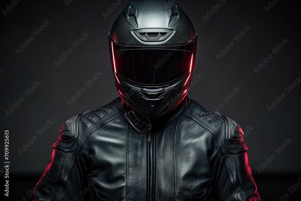 Man wearing a black leather motorcycle jacket and helmet on dark background.