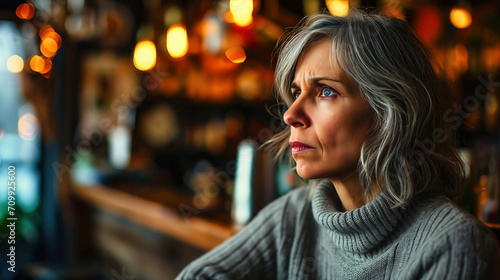 Portrait of a thoughtful middle-aged woman in a cafe. 