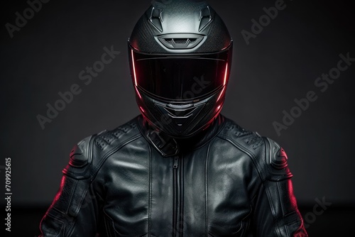 Man wearing a black leather motorcycle jacket and helmet on dark background. © Tisha