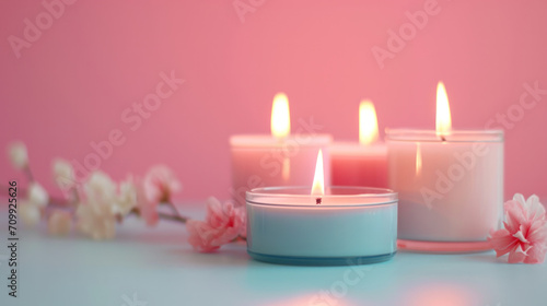 trendy aroma candles on a pastel background with flowers around 