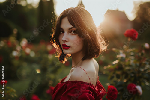 Woman in red roses garden at sunset 