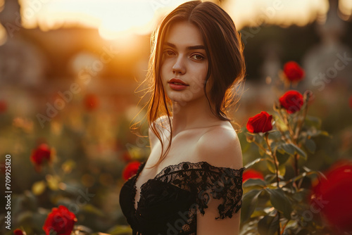 Woman in the garden full of roses at the sunset 