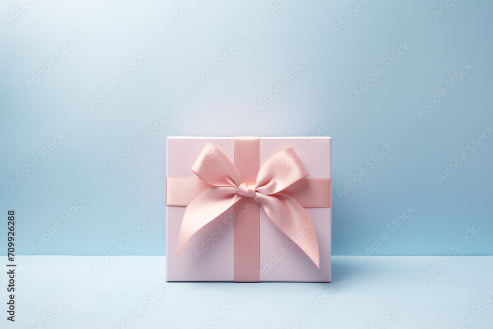 Soft pink present gift box with ribbon bow on blue background, birthday and Valentines day special promotion offer concept. Soft pink present gift box with ribbon bow on blue background, birthday and Valentines day special promotion offer concept.