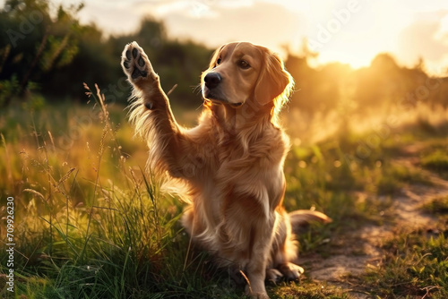 Playful dog giving a paw, happy and cheerful dog at the summer field at sunset 