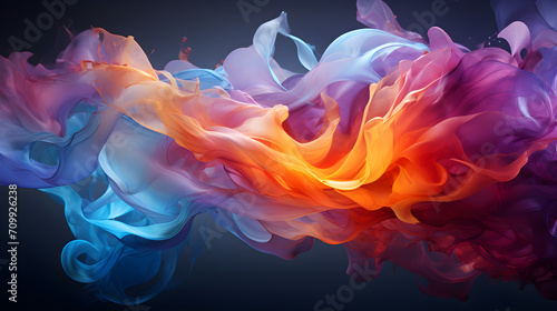 Abstract colorful background banner with flowing silky smoke like shapes and waves, fluid and elegant, in yellow, purple and blue tones. 