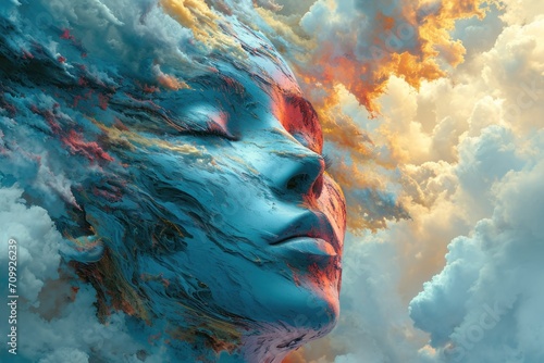  illustration of a human head in the sky with clouds, psychology copcept #709926239