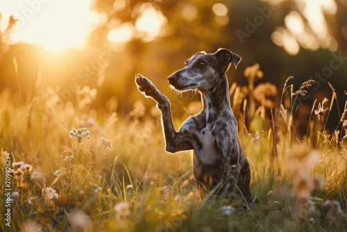 Playful dog giving a paw, happy and cheerful dog at the summer field at sunset 
