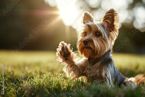Playful dog giving a paw, happy and cheerful dog at the summer field at sunset  © reddish