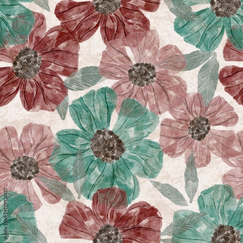 Wallpaper Mural Mulberry teal watercolour seamless floral pattern Torontodigital.ca