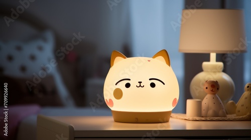 Cute cat shaped night lamp standing on a bedside table next to bed. Bedside lamp. Night lamp standing next to bed. Bedroom lamp on a night table next to a sleeping bed in a dark room.


