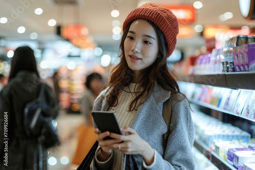 Young woman using smartphone while shopping