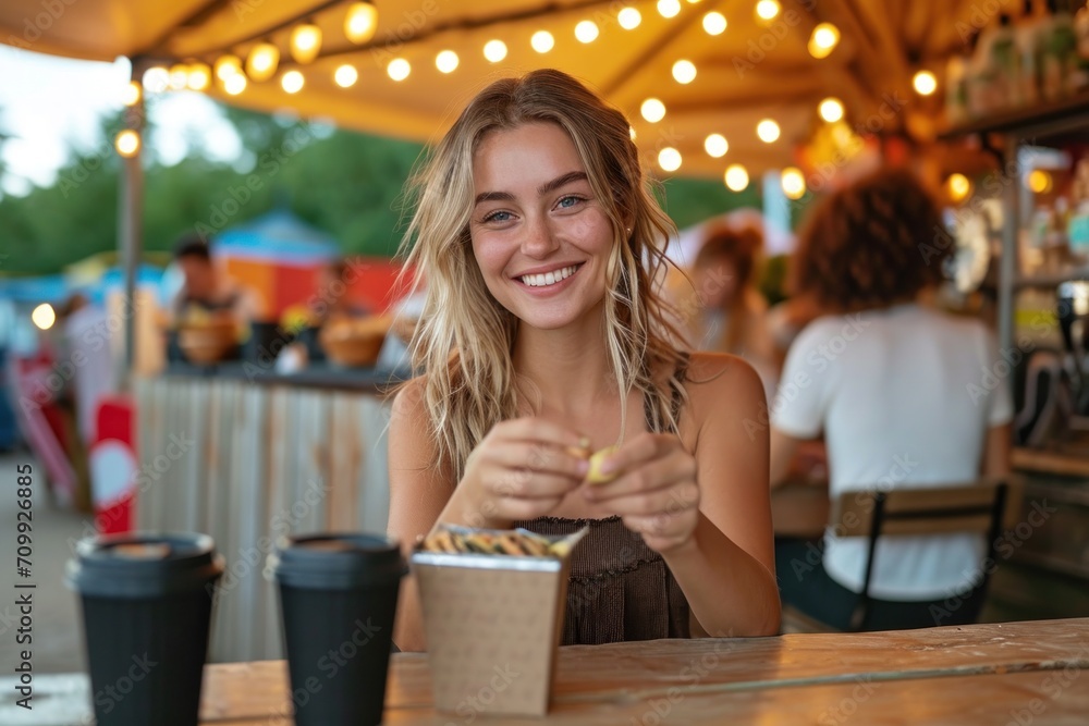 Happy young woman unwrapping food at table in amusement Park