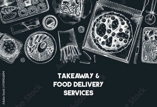 Fast food background. Hand drawn vector illustration on chalkboard.  Food delivery, takeaway food, takeout food in paper box, fast food menu design. Pizza, burger, coffee, noodles, poke, sushi sketch photo