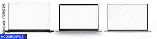 Set of Three Modern Laptop Mockups with Transparent Screens on a White Background. Empty space for copying on a modern mobile computer. Vector illustration photo