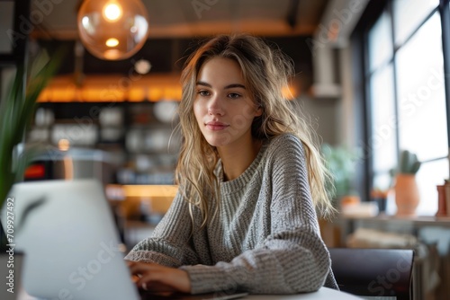 Casual businesswoman using laptop in office