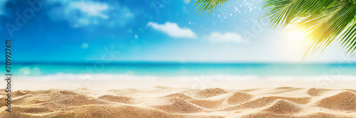 Tropical beach with palm tree and sand. Panoramic banner