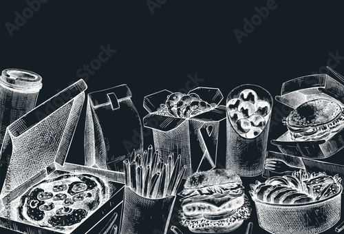 Fast food background. Hand drawn vector illustration on chalkboard.  Food delivery, takeaway food, takeout food in paper box, fast food menu design. Pizza, burger, coffee, noodles, poke, sushi sketch