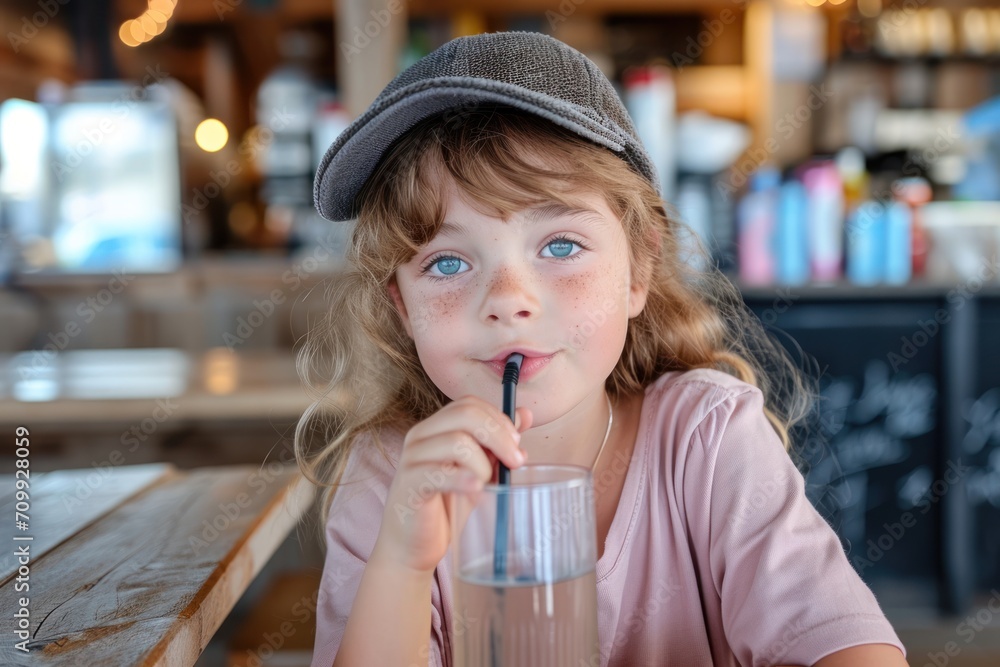 Fototapeta premium Child with straw in mouth sitting in cafe