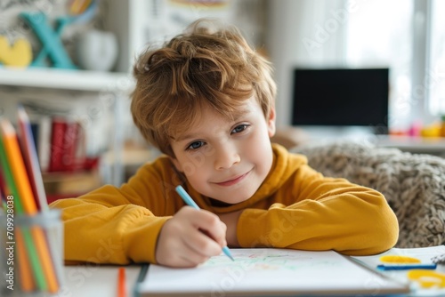 Smiling boy drawing with colored pencil near tablet pc at home