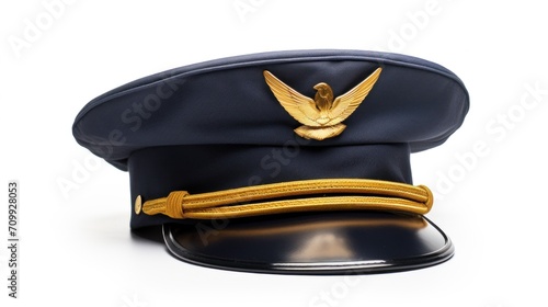 hat of airline pilots with gold insignia, isolated on a white background.


