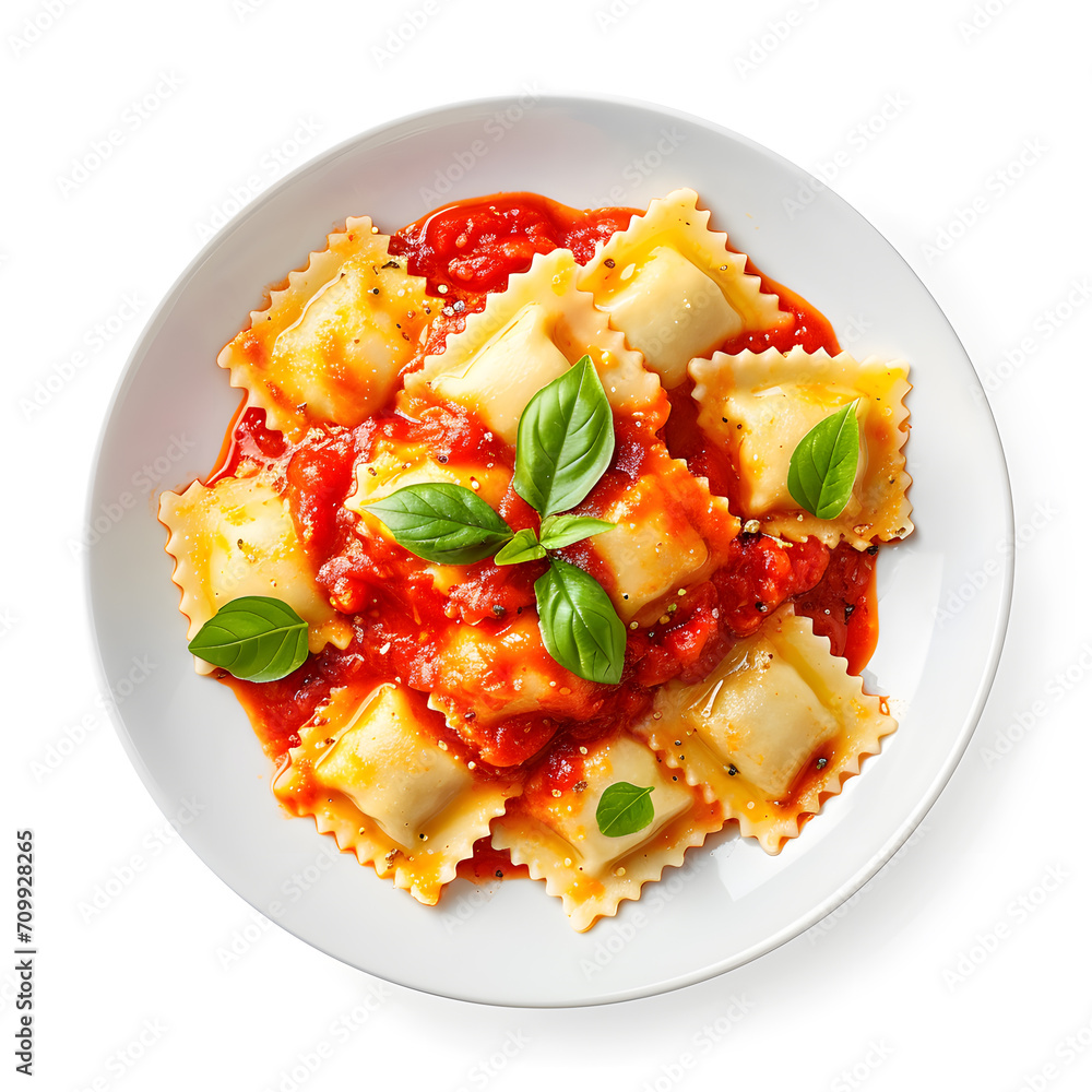 Tasty Ravioli with tomato sauce on white bowl, top view, isolated on white background
