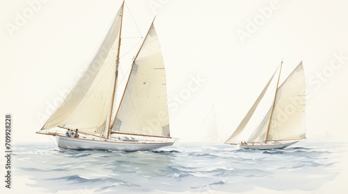 a pair of sleek sailboats, their masts perfectly aligned, against the clean canvas of a white background, evoking a sense of nautical harmony.