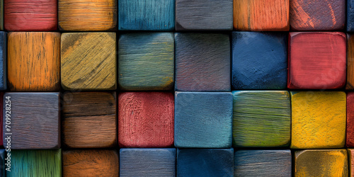 Colorful Wooden Blocks Aligned in a Wide Format, Symbolizing Harmony and Diversity photo