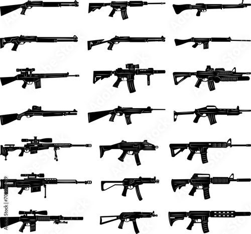 set of weapons, machine guns, rifles silhouettes on a white background vector