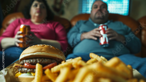 Overweight couple sitting on sofa, watching TV and eating fast food  photo