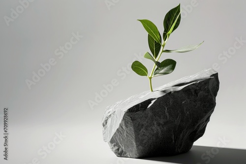 A small plant growing out of a rock. Minimalist steel life with a plant and a textured stone on grey background.