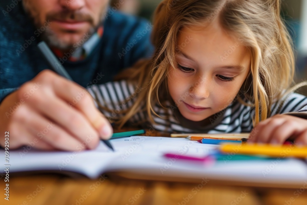 Close-up of a girl doing homework with her father